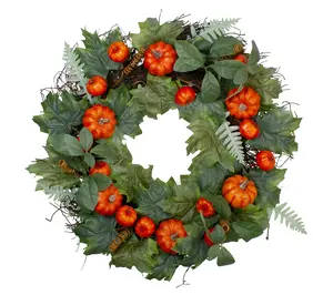 Northlight Maple and Fern Leaves with Pumpkins Wreath 24"