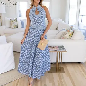 Y2k Ruffle Long Skirt Sets for Women 2 Piece Outfits Summer Ruched Backless Cami Top Matching Boho Maxi Skirt Set