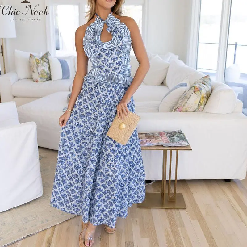Y2K Ruffle Long Skirt Set Women Two Piece Summer Ruched Backless Cami Top Matching Boho Maxi Lightweight Breathable Flowy Trendy Streetwear Vacation Beach Travel Resort Holiday Party Date Night Club Daily Work Office