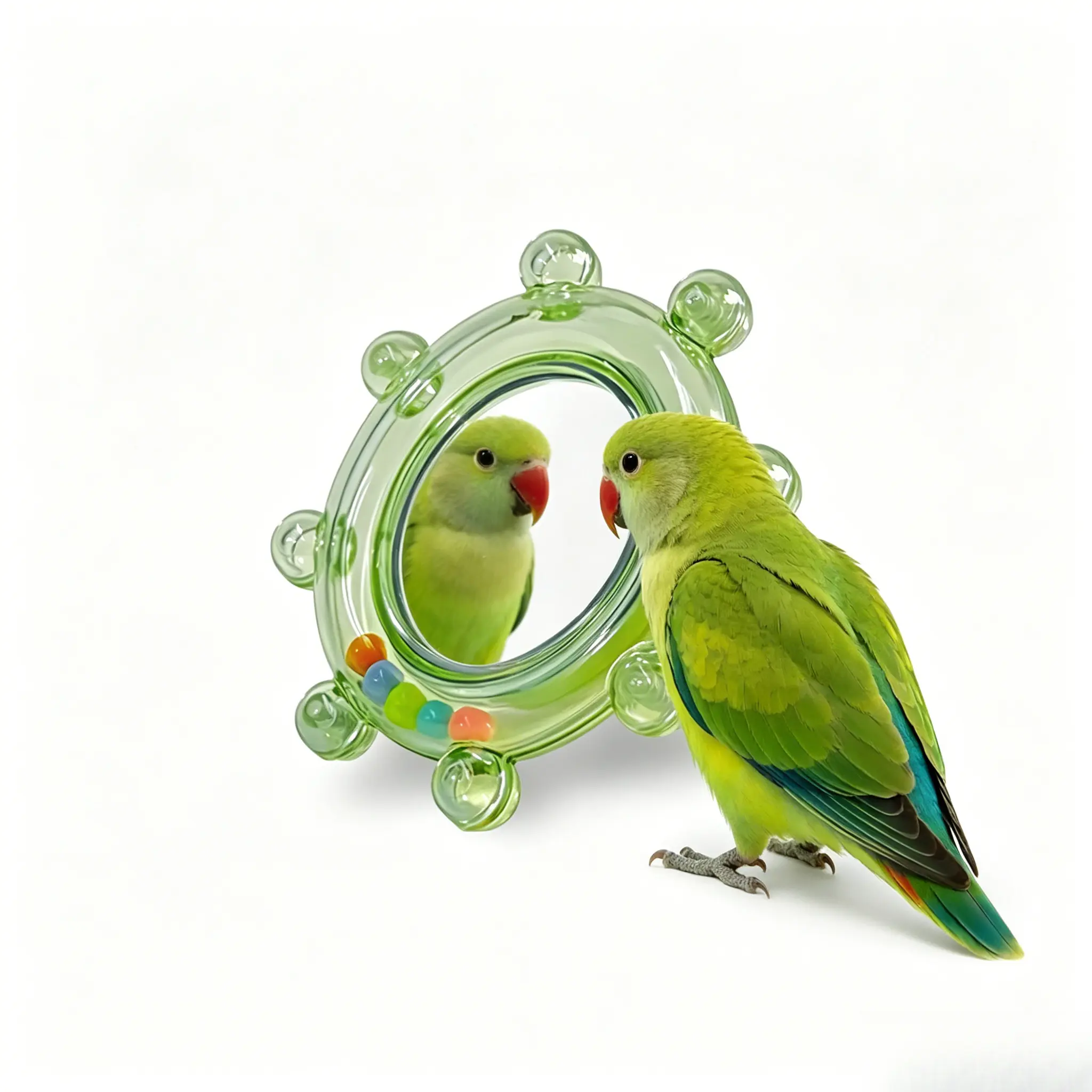 Shatterproof Polished Plastic Bird Mirror Interactive Toy - Spinning Wheel, Rattle Beads, Auditory Stimulation, Birdcage Accessory for Small Birds (Parakeets, Budgies)