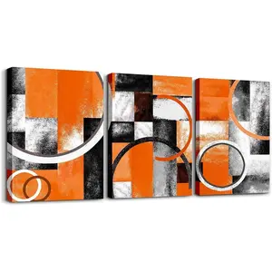 Orange Grey and Black Canvas Wall Art,Geometric Circle Picture Wall Decor,Rustic Geometric Rectangle Square Abstract Artwork Wall Painting Room Home