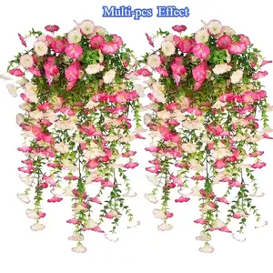 8 pieces of artificial hanging violets and eucalyptus flowers, Artificial flower bouquet, Artificial flower decorations, UV resistant, rainproof, orange flowers with green leaves, suitable for indoor/outdoor decoration, weddings