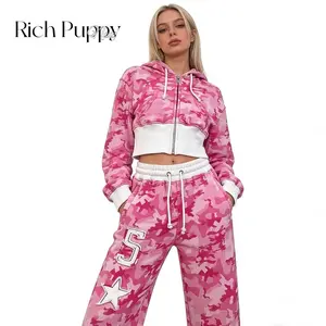 Fashion Sportswear Two Piece Suit Womens Hip Hop Pink Camouflage Short Waist Hugging Slim Hoodie Casual Loose Sports Pants