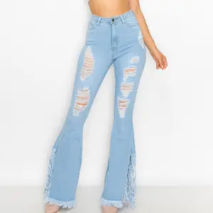 Fringe Flare High Waisted Jeans Women's Casual Fitted Vintage Rock Comfortable Style with Flared Bottom - Dress, Fashion Womenswear