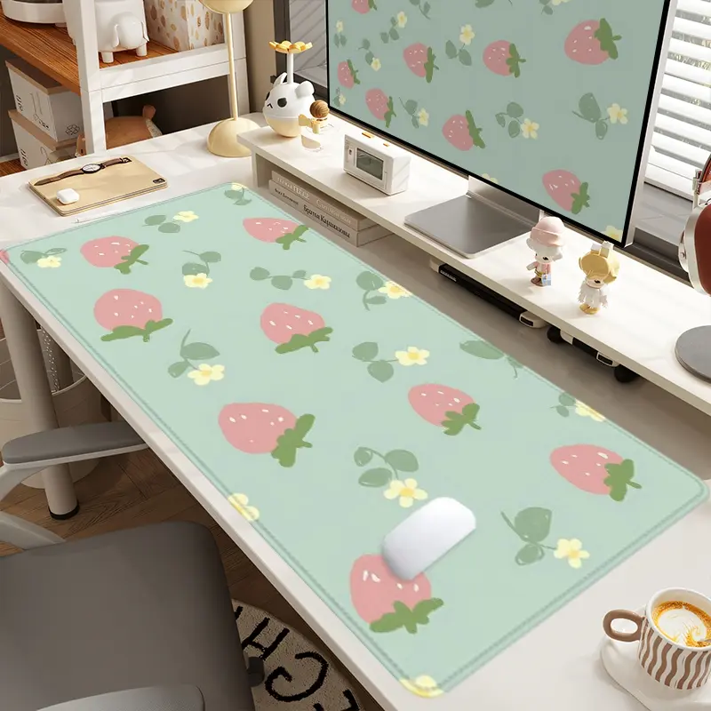 1pc Extra Large Strawberry and Small Flower Mouse Pad Cute & Fresh Desk Pad,Computer Keyboard Mousepad with Non - Slip Rubber Base Durable Stitched Edge Perfect Gift for Home and Office Office Supplies Desk Accessories