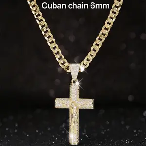 14K Gold Plated Cuban Chain Cross Necklace for Men – Jesus Cross Pendant Christian Faith Necklace 18” 24”