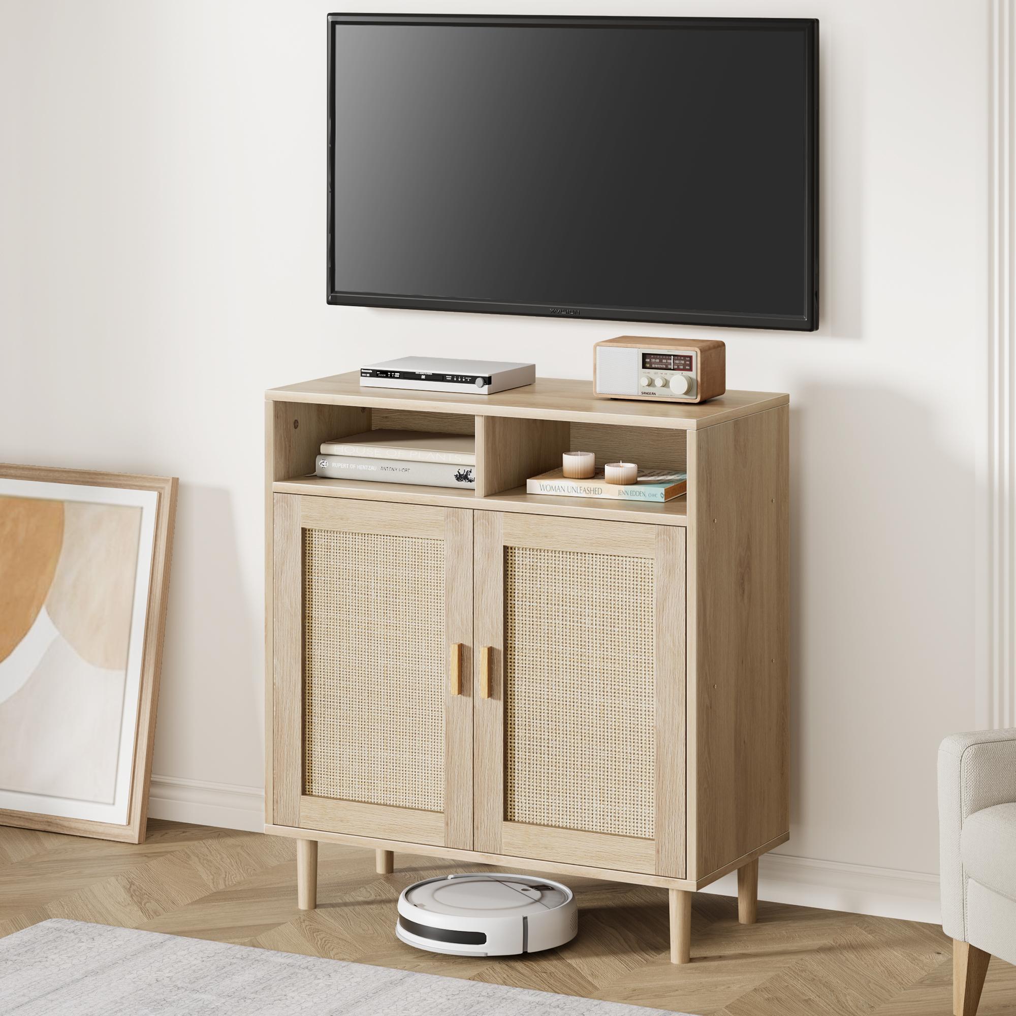 Modern Rattan Buffet Cabinet Set of 2, 4-Door Sideboard with Adjustable Shelves, Non-Toxic MDF Smooth Tabletop, Multipurpose Storage for Kitchen Dining Living Room Entryway, Ideal as Coffee Bar & TV Stand