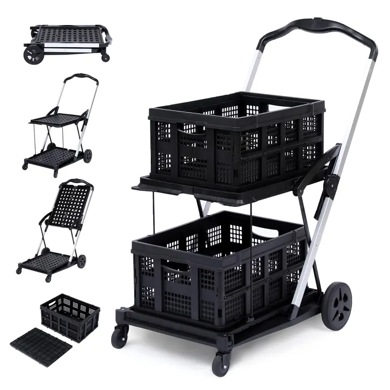 [Fall Sale] 2-Tier Plastic Collapsible Garden Cart - Upgraded Heavy Duty 110lb Mobile Folding Hand Truck with 360° Swivel PP Wheels, Lift-Up Handle, Integrated Brake, Easy Push Design for Warehouse Transport, Home Storage, Shopping Cart