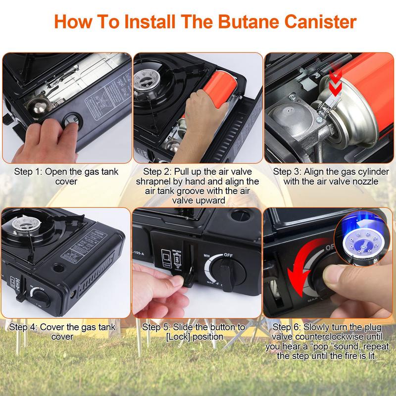 3300W Portable Camping Stove Butane Canister Dual Fuel Burner Piezo Electric Ignition Single Burner with Automatic Tank Ejection Overpressure Cut Off Carry Case for Camping Hiking Picnic Fishing BBQ