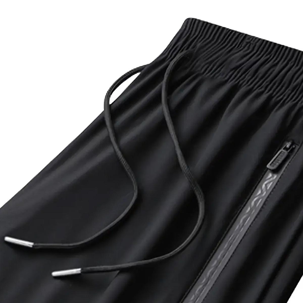 Men's lightweight ice silk fiber fabric joggers with quick-dry elastic waistband and hidden zipper design, breathable and comfortable straight-leg pants, suitable for casual wear, outdoor activities, and party style.