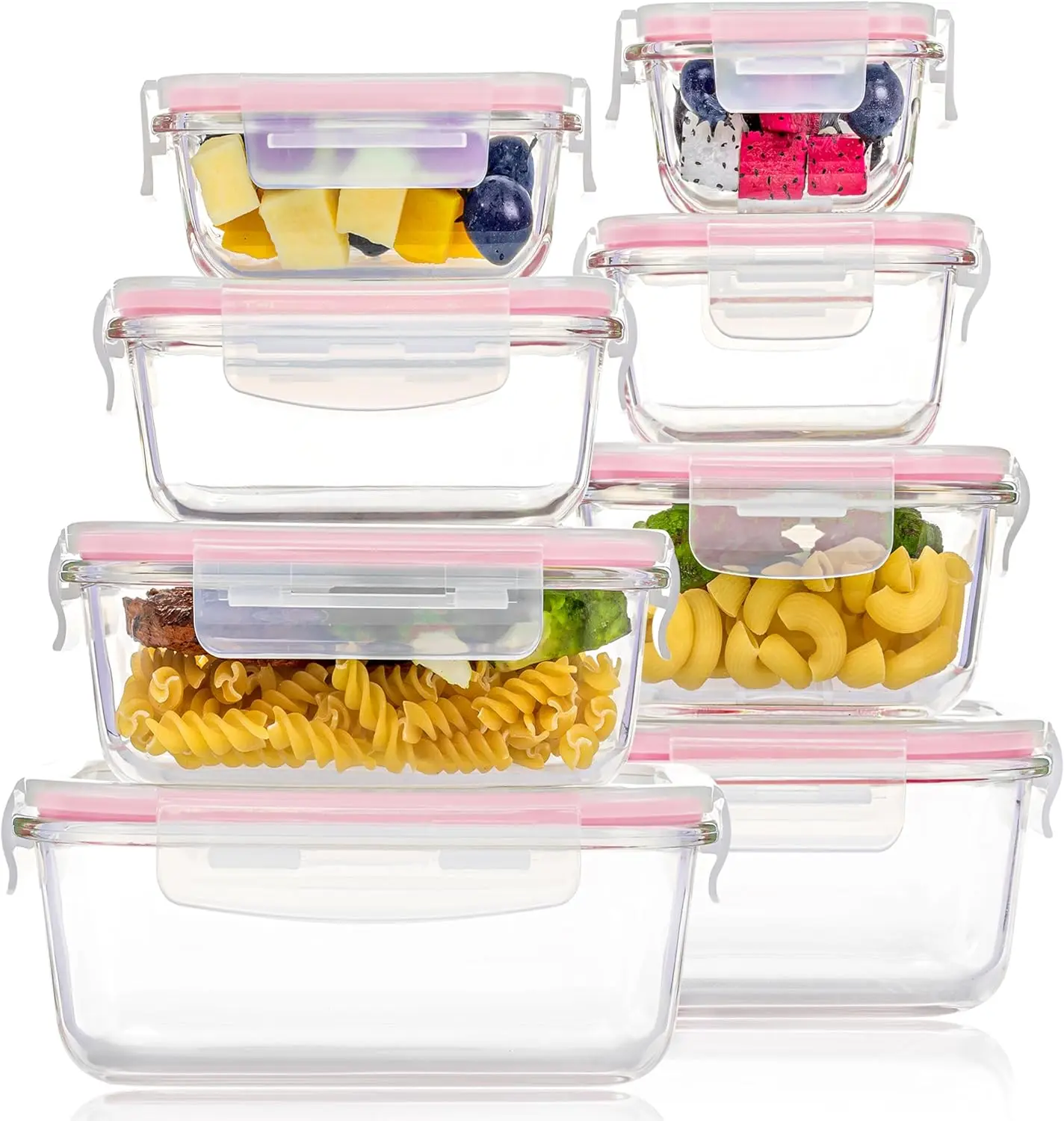 BPA-Free Borosilicate  Paquete de 8 recipientes de vidrio para almacenamiento de alimentos con tapas herméticas, recipientes de vidrio para preparación de comidas, almuerzo de oficina para microondas, horno dry food