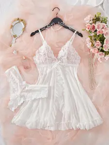 Lace 2pcs Lingerie Set For Women White Fabric Halter Neckline Slip Dress Corsets & Bodies Thongs Everyday Wear Comfortable Sleepwear Loungewear