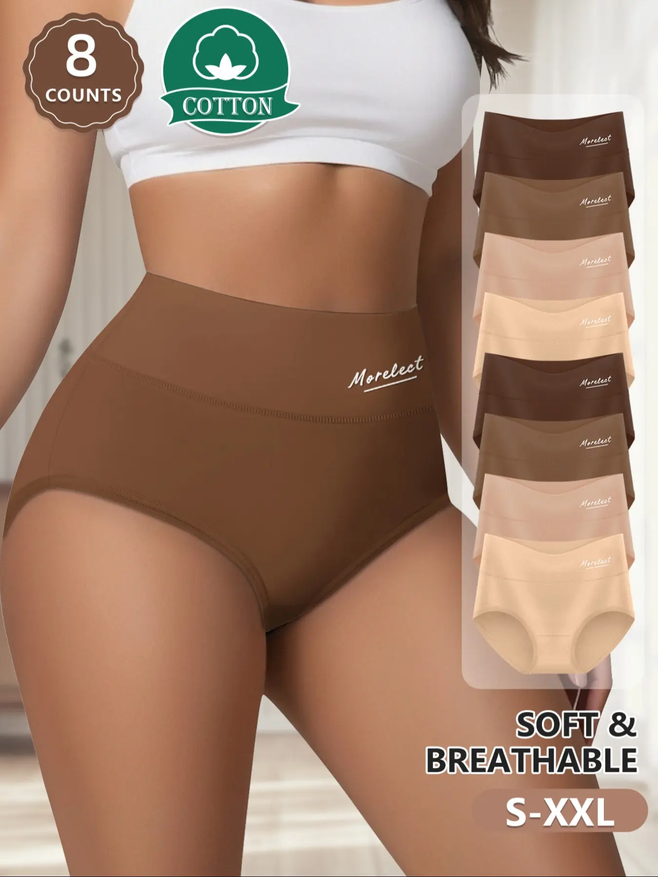 [Soft Cotton Breathable] MEIYATING  8-pack Everyday Casual High-Waist Women's Underwear Panties Set, Sizes S-Xxl, Waist Cinching & Butt Lifting, Seamless Design, Soft Fit Panty