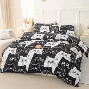 3pcs Cat Theme Bedding Set, Soft Comfortable, Includes 1 Fitted Sheet and 2 Pillowcases, Ideal for Bedroom