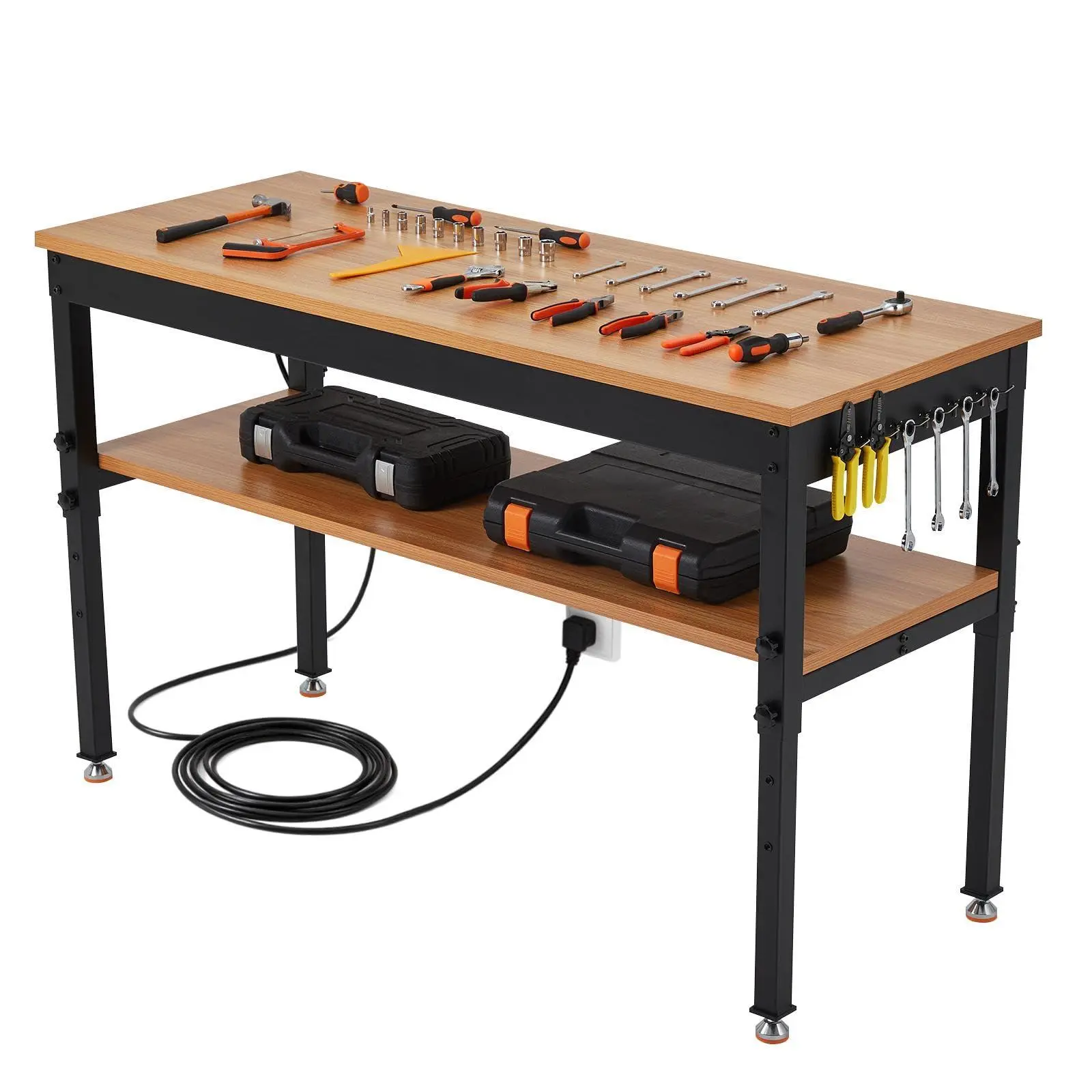 60" Adjustable Workbench with Storage Shelf & Power Outlet, Heavy-Duty 60 x 24 in Work Bench, 2500 LBS Load Capacity for Garage, Workshop & Home