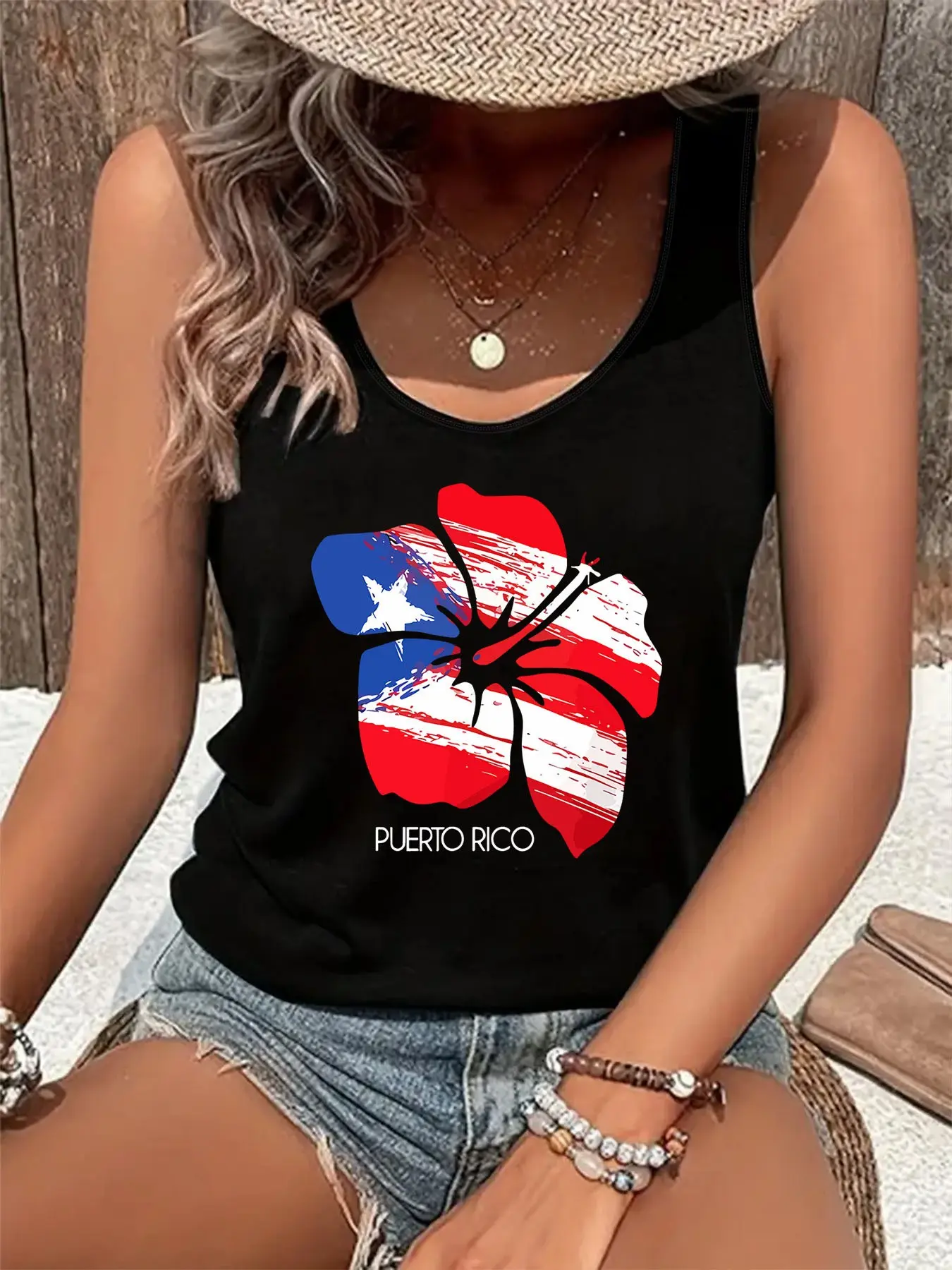 Puerto Rico Hibiscus Flag Tank Top - Puerto Rican Pride Sleeveless Boho Fashion Casual Shirt Women Summer Casual Beach Tank