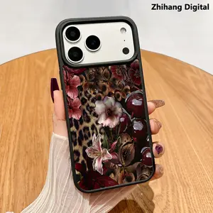 A leopard print cherry blossom Magnetic Phone Case Supports Wireless Charging for iPhone 17 Pro Max 17Air 16 Plus 15 14 13 12 11 Shockproof Durable and drop-resistant Soft Silicone Transparent Acrylic Cover Suitable