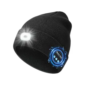 Bluetooth Light-Up Knit Hat, Unisex USB Rechargeable 6 LED Flashlight Hat with Wireless Earphones, Ideal for Running Hiking Jogging, Unisex Christmas Gift, Black