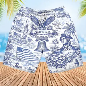 250 Years of America Beach Shorts 1776–2026 | Vintage Patriotic AOP Hawaiian Beach Shorts | 4th of July Beach Shorts 684725