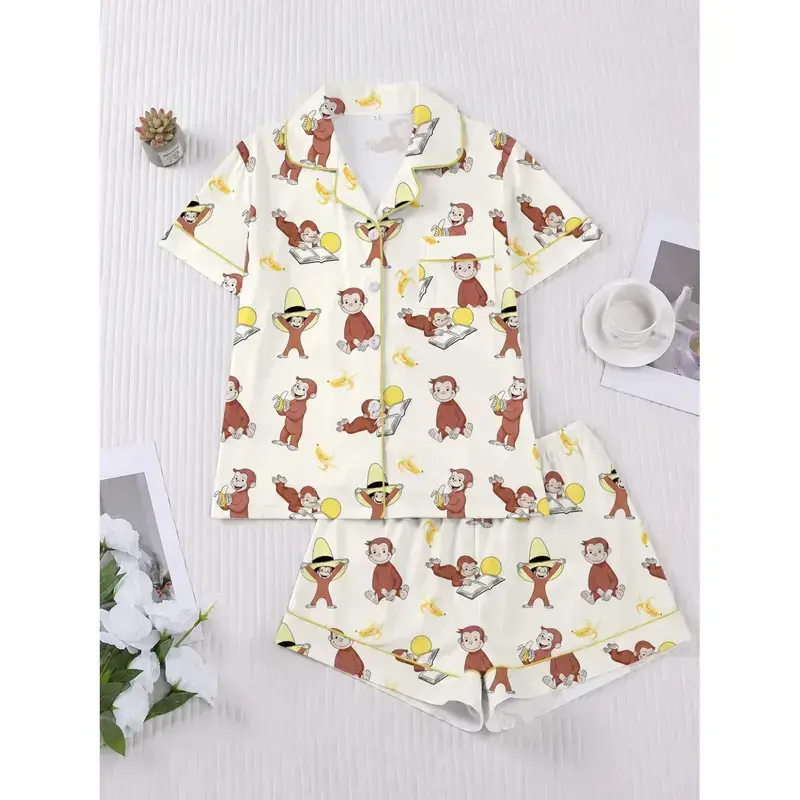 Women's Monkey Banana Pajamas Set Shirt Satin Print Womenswear Nightwear Day