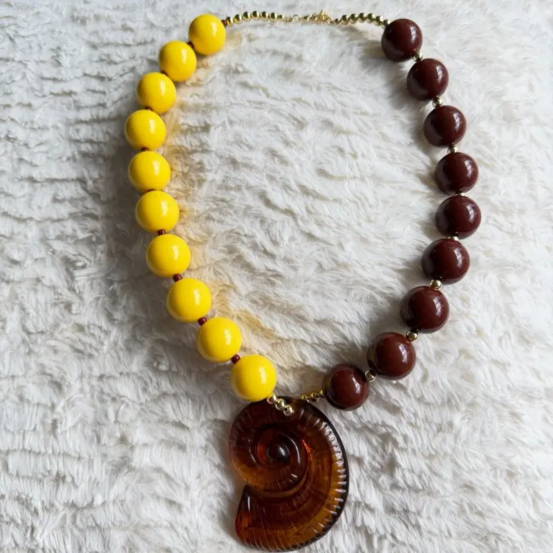 Yellow & Brown Beaded Necklace with Snail Shell Charm