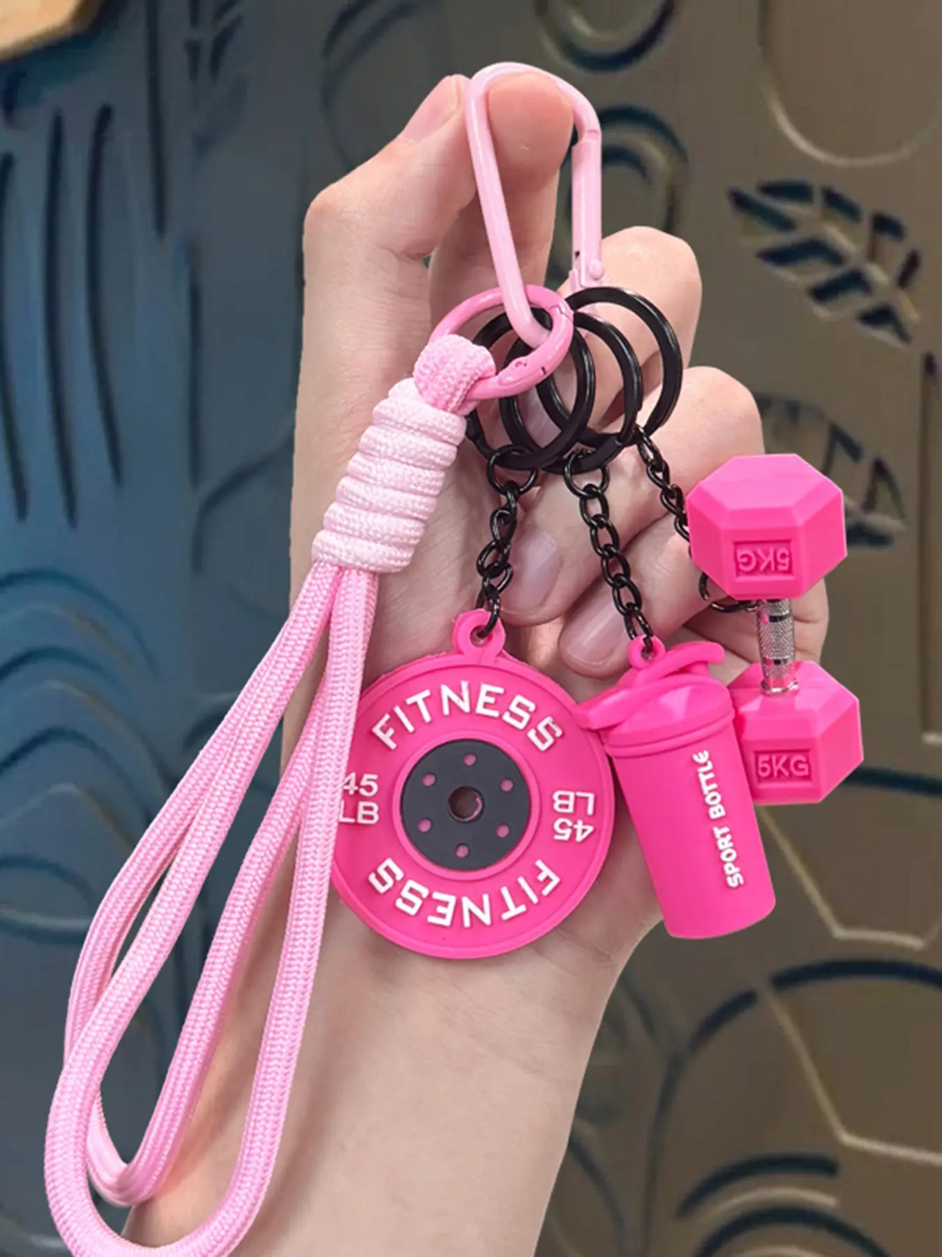 Sporty fitness-themed keychain set, Stylish keychain, Keychain wristlet strap, featuring dumbbell and barbell designs, woven lanyard, lightweight and portable, ideal as a bag accessory or for on-the-go carrying