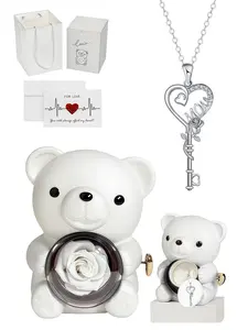 Heart Key Rose, Heart Design Necklace, Maternal Love New original rose & heart-shaped key necklace with "MOM", gem clavicle chain, comes with a lovely rotating rose bear jewelry gift box, perfect gift for birthdays, Mother's Day and Valentine's Day