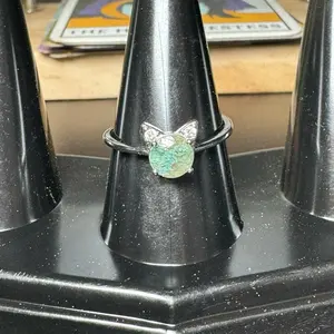 Moss Agate Adjustable Copper Ring with Cat Design Green Color Spiritual Growth Abundance Connection to Nature Symbolizing Life Prosperity Balance