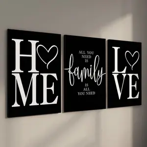 3 Counts Wood Framed Canvas Modern Art Design Home Love Family Wall Art, Ready To Hang, Bedroom Wall Decor Over The Bed, Family Quote Decor, Waterproof Canvas, Artwork Wall Painting For Gift, Home And Dormitory Decoration
