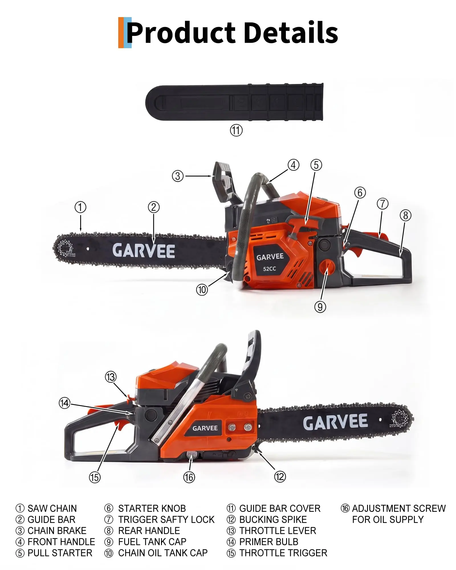 Garvee Powerful 52CC Gas Chainsaw – 20" & 16" Bar, 2-Stroke Engine, Quick Start, Auto Oiler, Anti-Vibration, Ergonomic Handle – Heavy Duty Wood Cutting, Logging, Tree Trimming