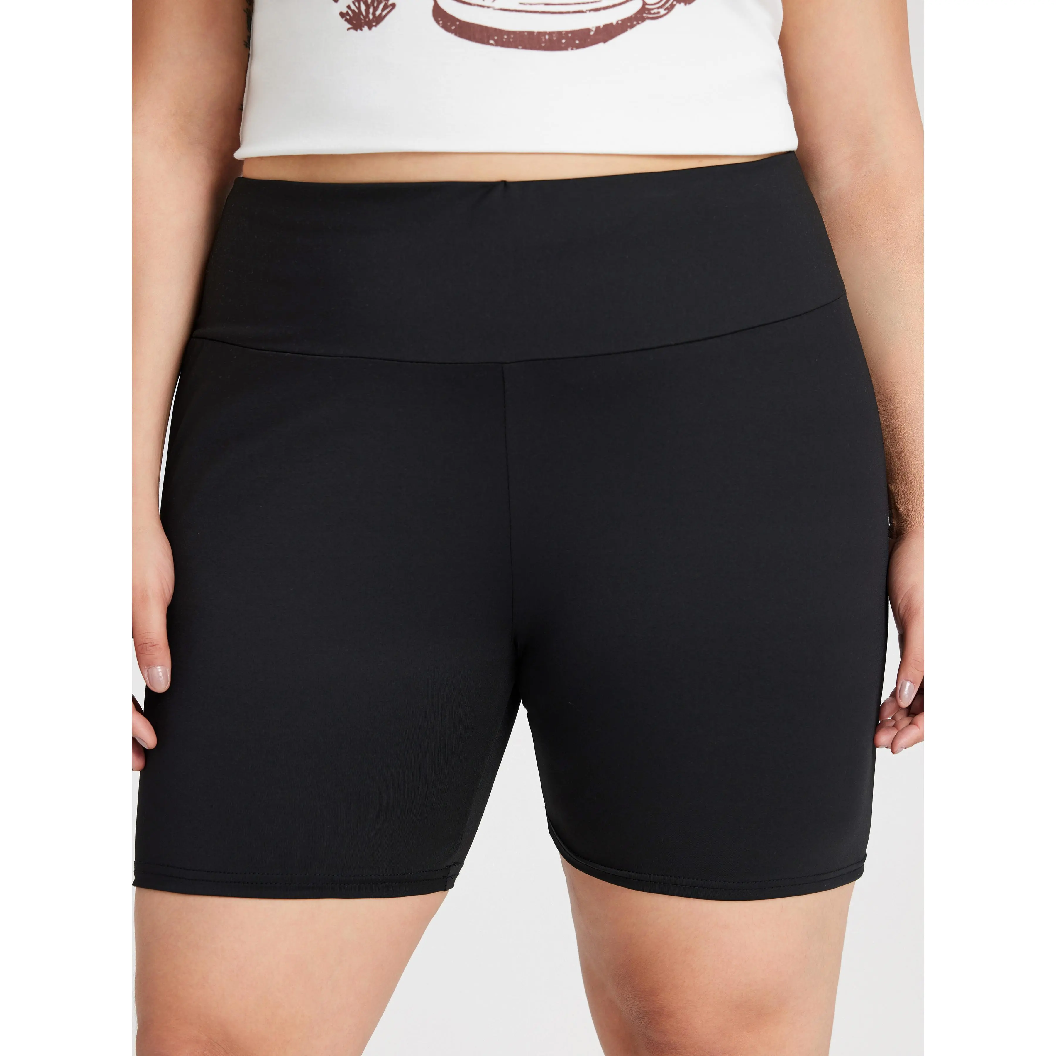 Cider Women's Curve & Plus Size Knitted Shorts, High Waisted Solid Color Knee Length Comfortable Casual Clothes, Bottom