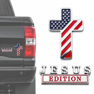 3D Metal Cross Emblem Blessed Jesus Edition - Christian Religion Car Badge with Patriotic Flag Design, Long Wearing for Auto Truck SUV Doors, Great Gift Choice