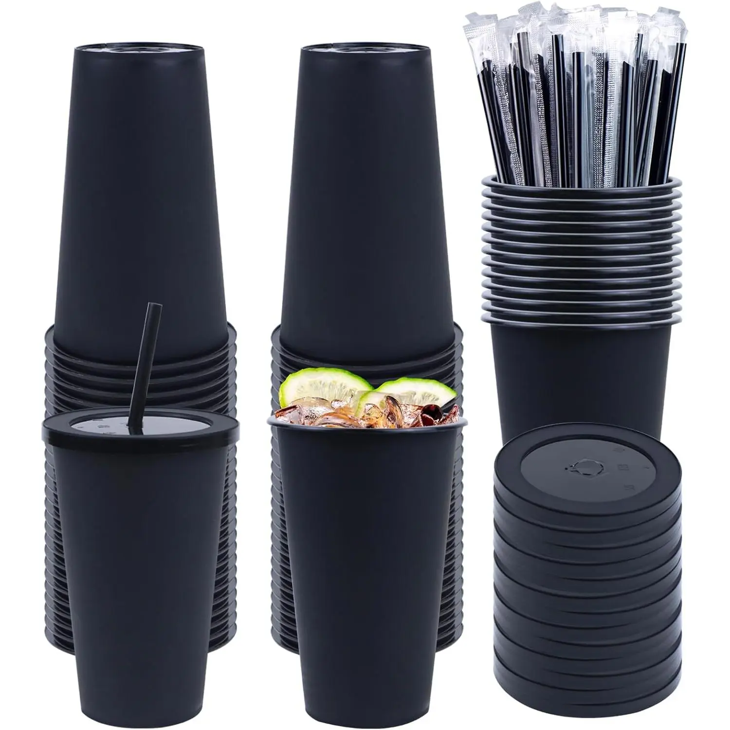 50 Pack Black Plastic Cups with Lids and Straws, 16 oz Disposable Plastic Tumblers Iced Coffee Cups Travel Mug Cup for Juices Birthday Bachelorette Party Wedding (Black, 16 oz)