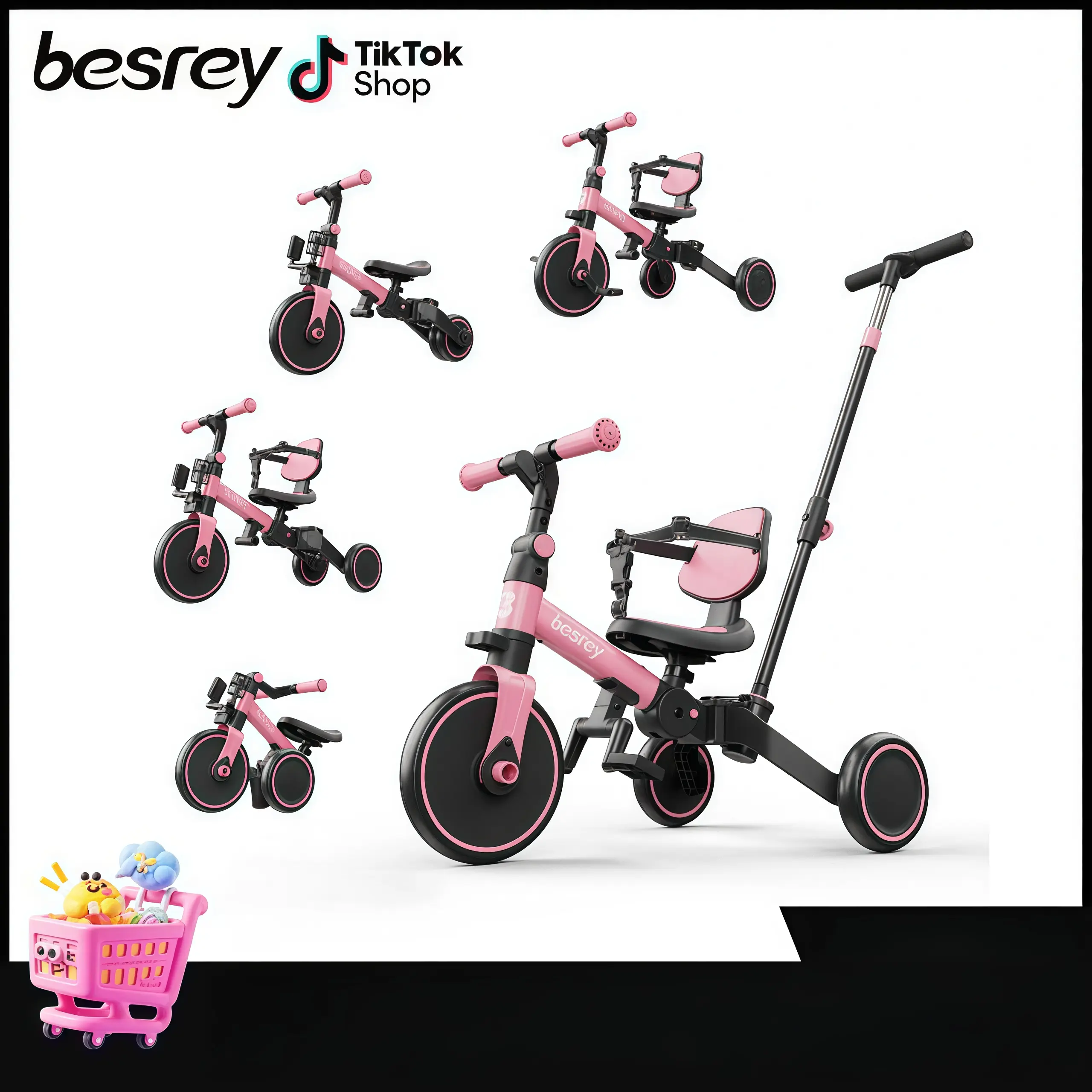besrey 5-in-1 Toddler Tricycle for Boys & Girls Ages 1-3, Carbon Steel Sports Balance Bike with Folding Frame & Growth Adjust Push Handle, Unisex Names, Backrest