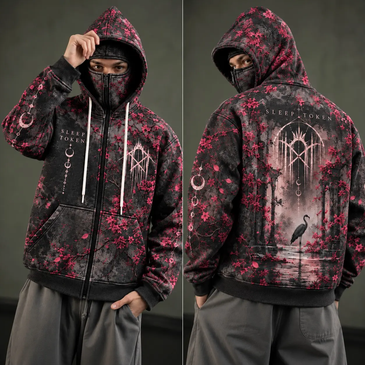 S.leep-T.oken Gothic Cherry Blossom Ninja Hoodie, All-Over Print Integrated Zip Up Hoodie, Dark Floral Streetwear, Face Cover Hoodie, Alternative Music Fan Gift