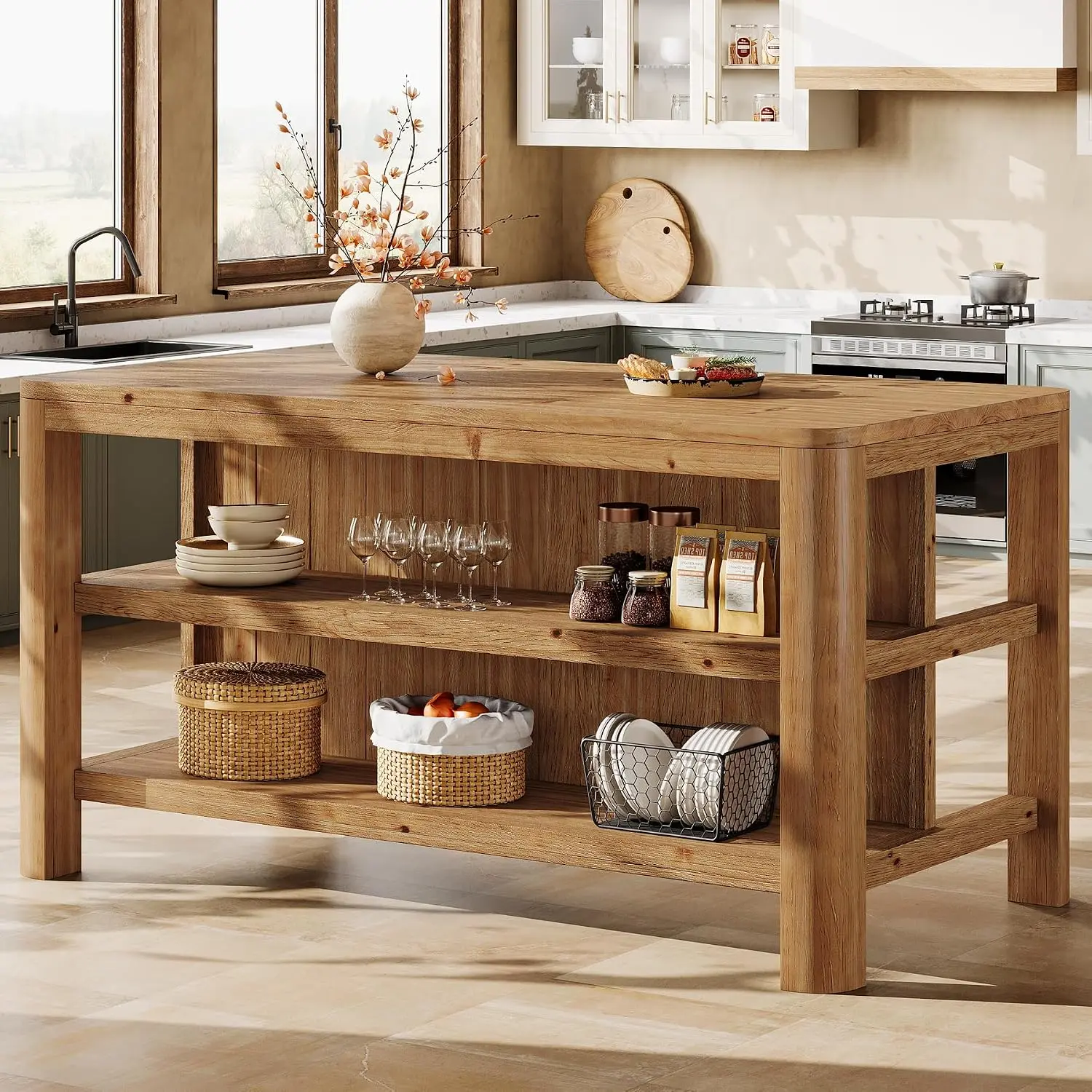 TRIBEWOOD 63 Inch Solid Wood Kitchen Island Table, Farmhouse 3‑Tier Open Storage Shelves Counter Height Bar Table with Seating, Easy Assembly for Kitchen Dining Room, Natural Wood Finish