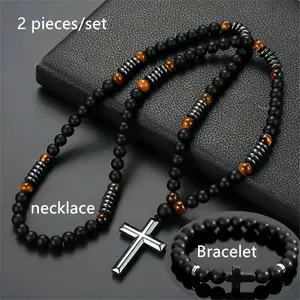 2Pcs Vintage Cross Pendant Necklace & Bracelet Matte Black Stone Minimalist Jewelry Set For Women's Men's Cross Jewelry Gift,men's accessories