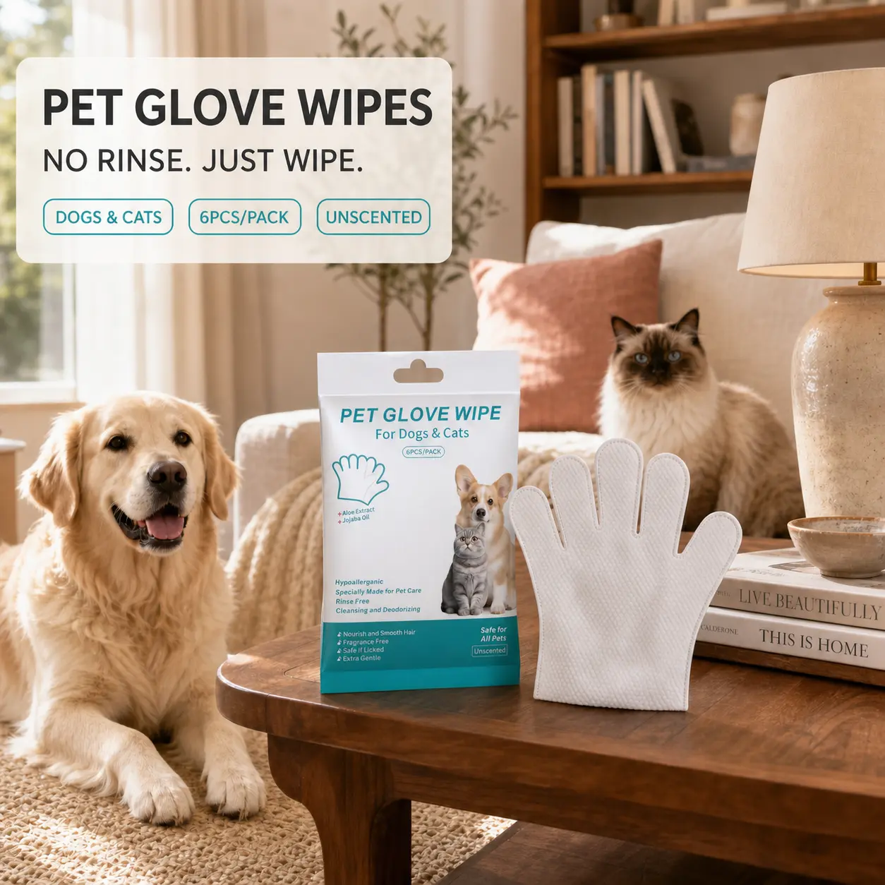 PAWSURD No-Rinse Disposable Pet Grooming Glove Wipes for Dogs & Cats, 6 Unscented Water-Free Wipes with Aloe+Jojo Extracts, 5-Finger Design for Paw Cleaning, Fur & Body, After-Walk & Travel Care