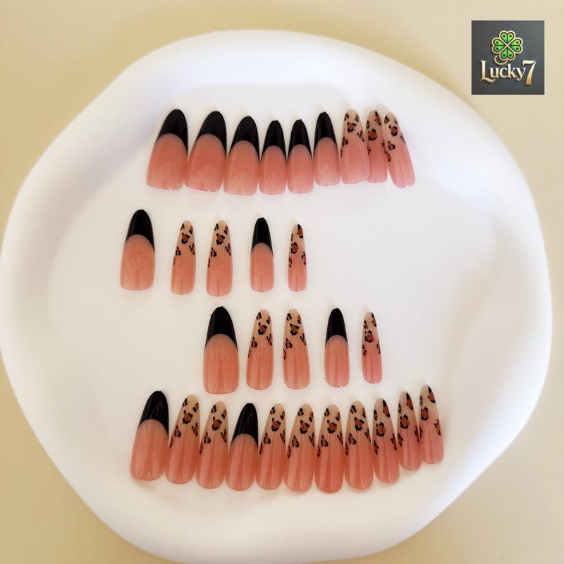 Press On Nails Set | 24-30pcs Fake Nail Tips | French, Leopard, Heart, Black Stiletto, Cartoon, Nude, Glitter for DIY Manicure
