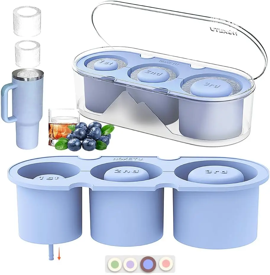 Ice Mold for Stanley Cup 30/40 Oz - Easy Fill and Release Without Touching Ice, Silicone Ice Cube Tray with Clear Lid and Bin for Freezer, Whiskey, Cocktail (Blue)