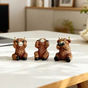 3-Piece Scottish Highland Cow Resin Figurine Set, Decorative Figurines, No See No Hear No Lie Sculpture Desk Decor, Cow Desk Decoration, Office Bookshelf Creative Gift, Resin Animal Sculptures