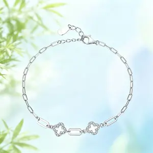 925 Sterling Silver Lucky Grass Charm Bracelet for Women Cubic Zirconia Adjustable Classic Wedding Jewelry