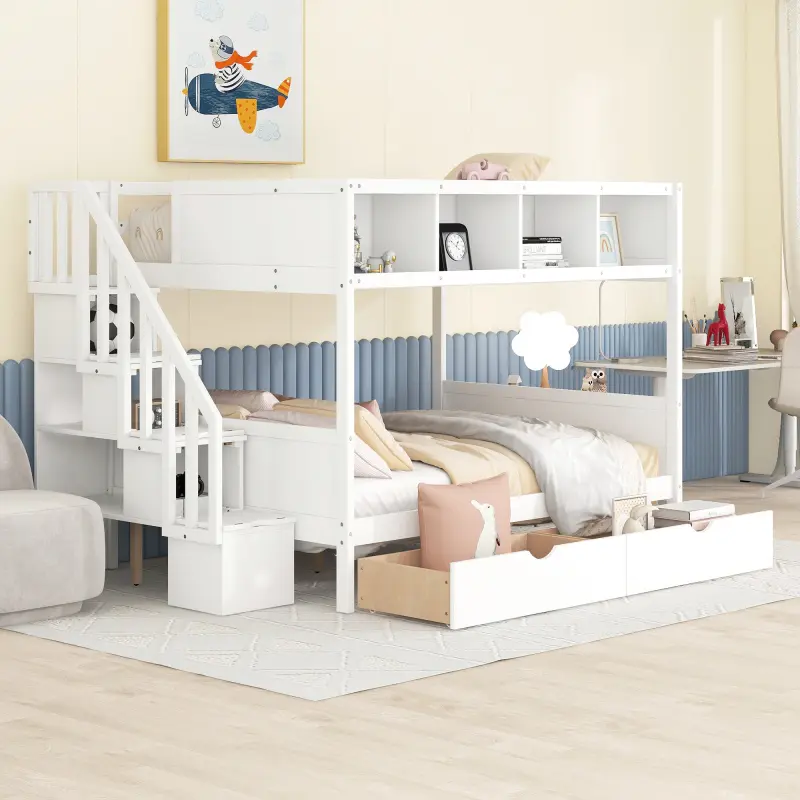 White Wood Twin Over Full Double Decker Bed Frame with Stairs, Built-in Storage Cabinets and 2 Storage Drawers, Double Decker Beds
