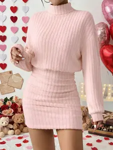 Women's Spring Autumn Valentine's Day Stretchy Ribbed Turtleneck Knitted Dress Slim Bodycon Versatile for Home Work Outdoor