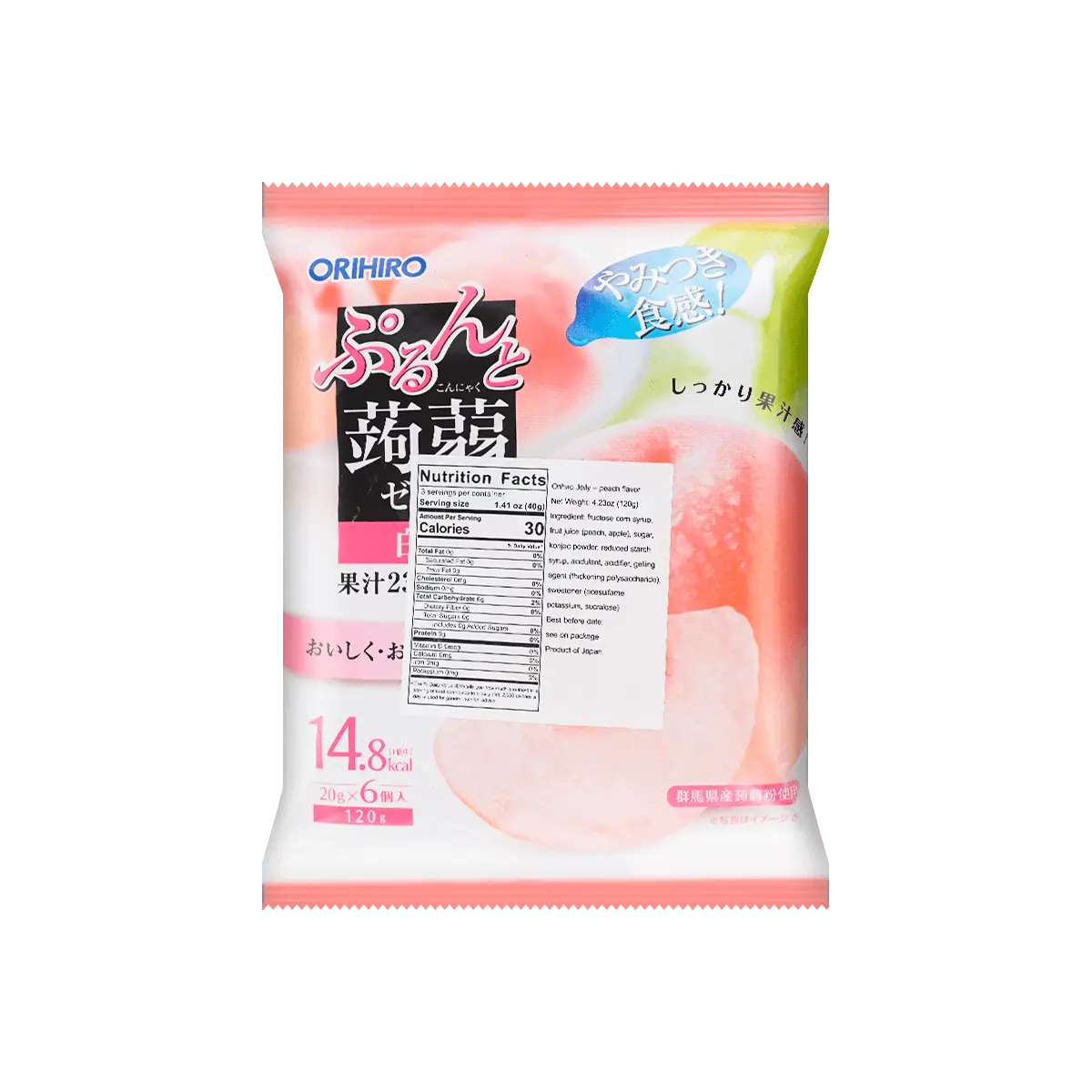 ORIHIRO Peach Konjac Jelly - Low Calorie, High Fiber Snack, 6 Pouches (120g)
