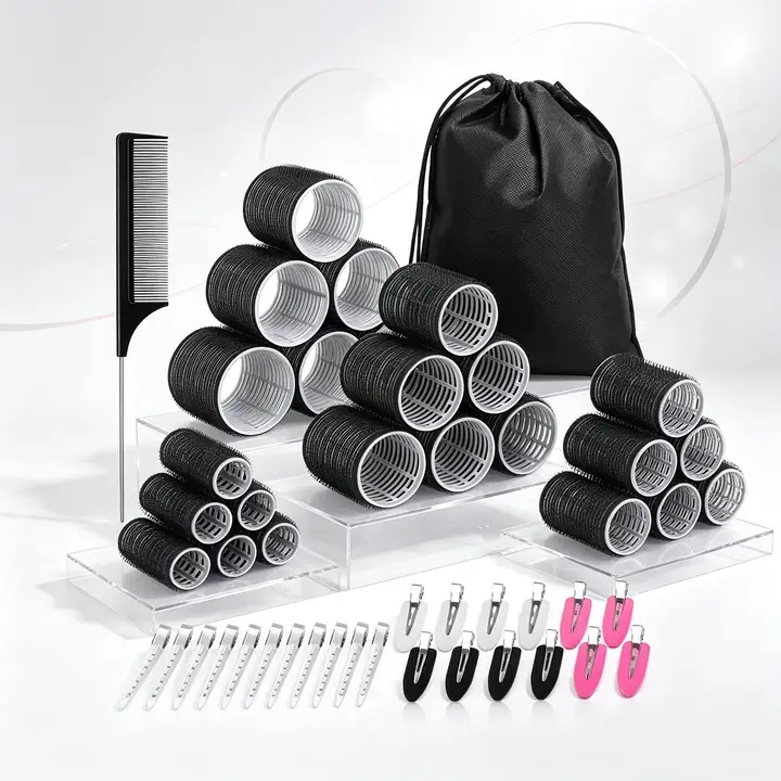50-Piece Self-Grip Hair Roller Set, 4 Sizes Includes Jumbo to Small Rollers, Storage Bag, 24 Clips and Comb Included, Ideal for Long, Medium, or Short Hair, Heatless Curling for Natural Waves, Easy to Use and Reusable, Perfect for Home Styling