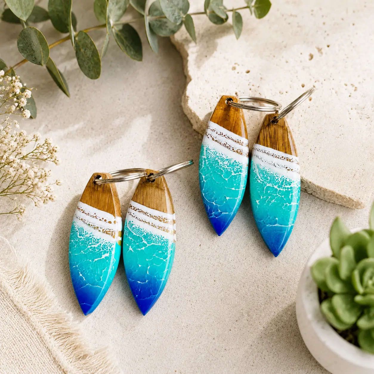 Handmade Ocean Resin Surfboard Keychain, Wooden Epoxy Resin Key Ring, Beach Wave Bag Charm, Coastal Car Key Accessory, Unique Gift for Beach Lovers