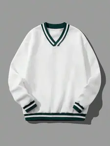 New Men's Loose Fit V-Neck Sweatshirt, Casual Classic Long Sleeve Top, Pure Color No Print, Fashionable Round Neck Design