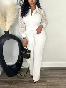 Halfword Elegant Red Jumpsuit for Women Soft Stretch Fabric Lace Puff Sleeve Wide Leg Pant Suit High Waist Deep V Neck Zip Back Side Pockets Formal Outfits Birthday Elegance Loose Matching