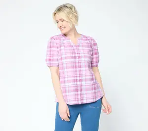 Denim & Co. 100% Cotton Madras Plaid Woven Button Front Top